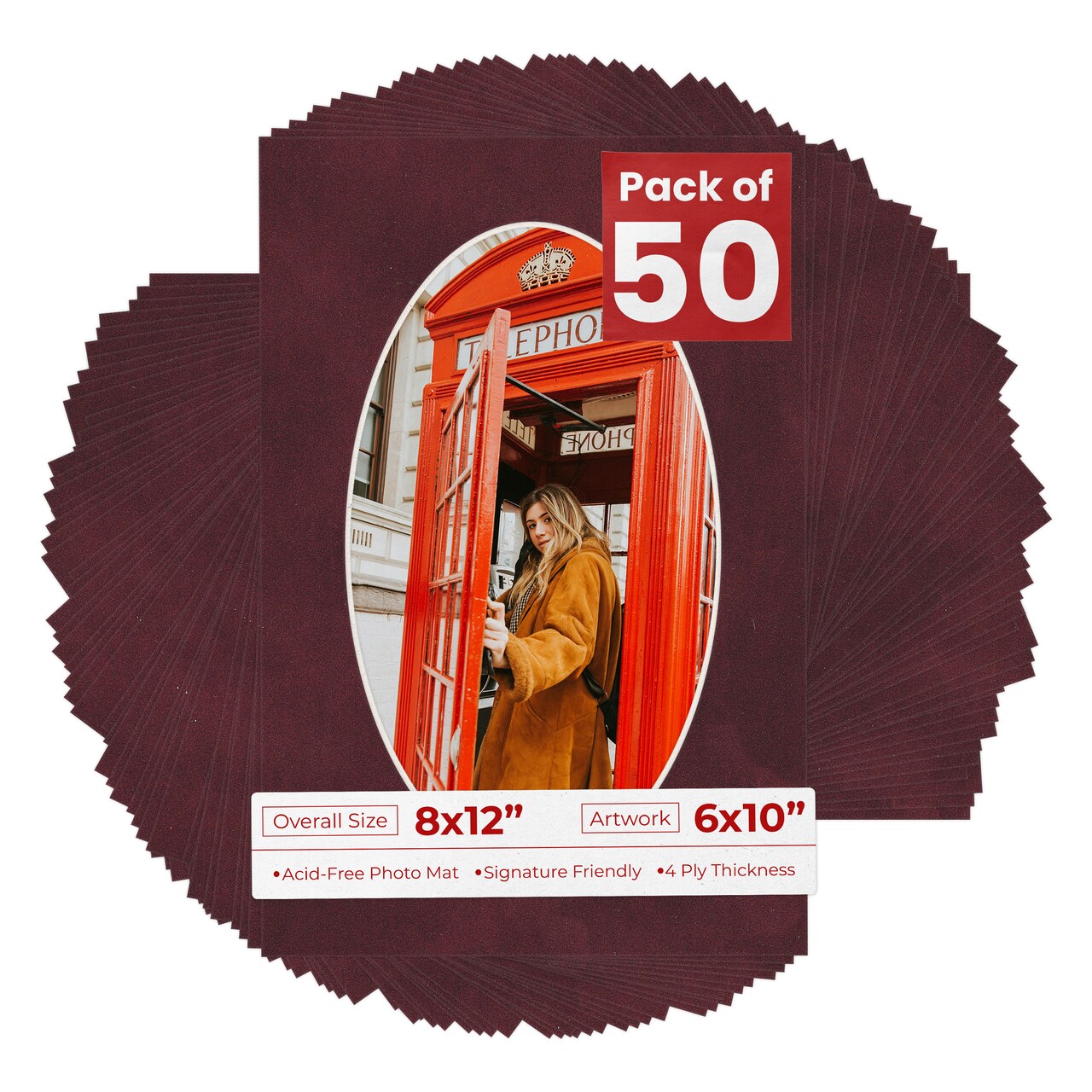 Dark Red Suede Mat Board for 8x12 Frames - Oval Opening for 6x10 Photos